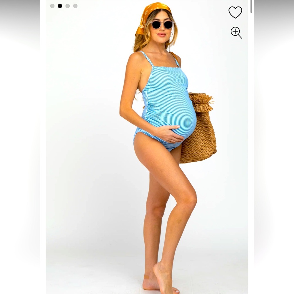 Pink Blush Blue Striped One-Piece Maternity Swimsuit